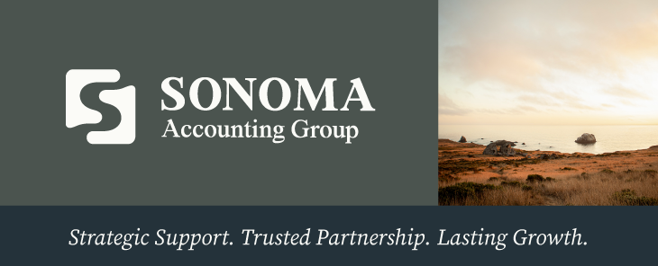 Sonoma Accounting Group logo with slogan, "Strategic Support. Trusted Partnership. Lasting Growth." designed on solid background next to a picture of the beautiful Sonoma Coastline.